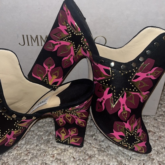 Jimmy Choo, black/pink/gold, suede open peep toe, mule style heels - Picture 5 of 8